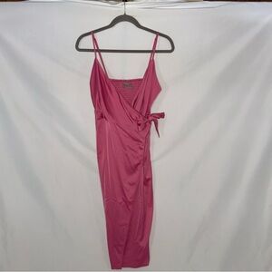 Urban Outfitters Quinn Pink Satin Wrap Midi Dress Size L EUC